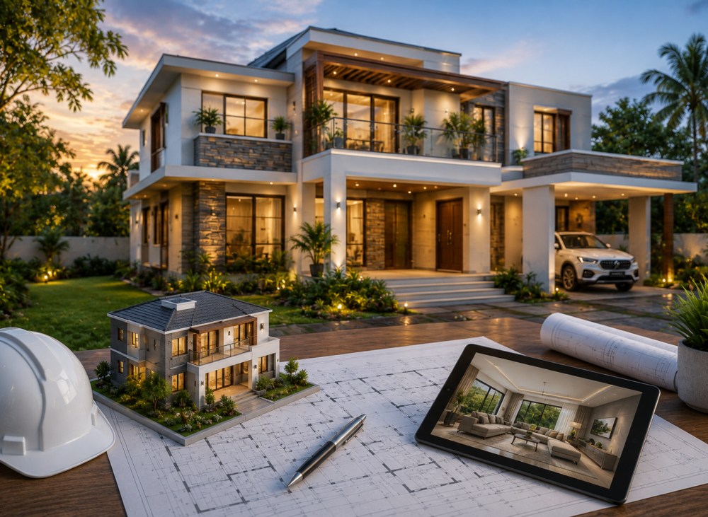 Architectural workspace at sunset