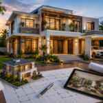 Architectural workspace at sunset
