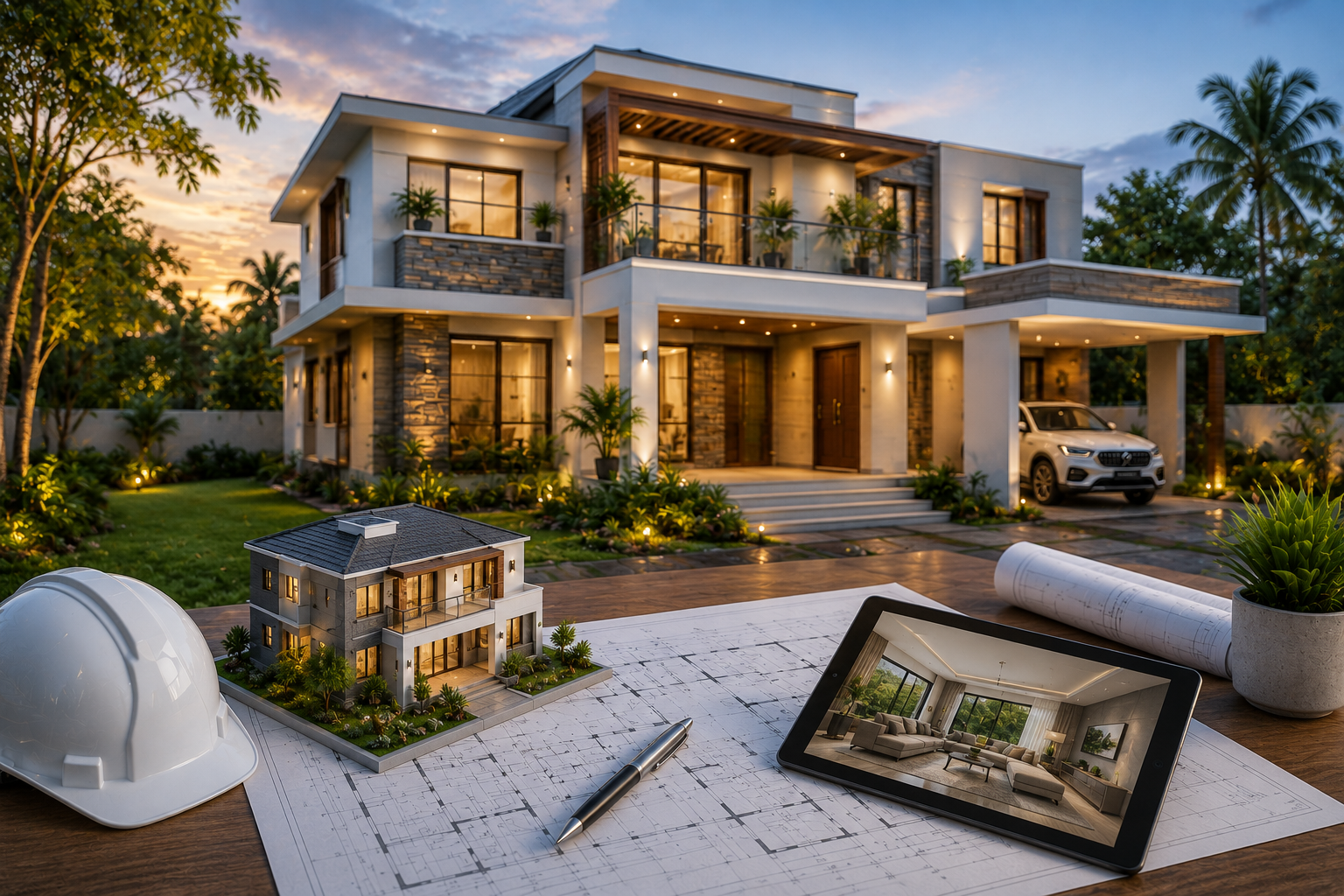 Architectural workspace at sunset