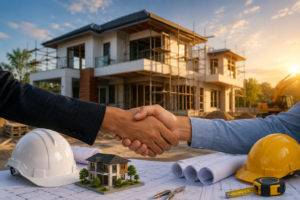 A professional handshake amid construction planning