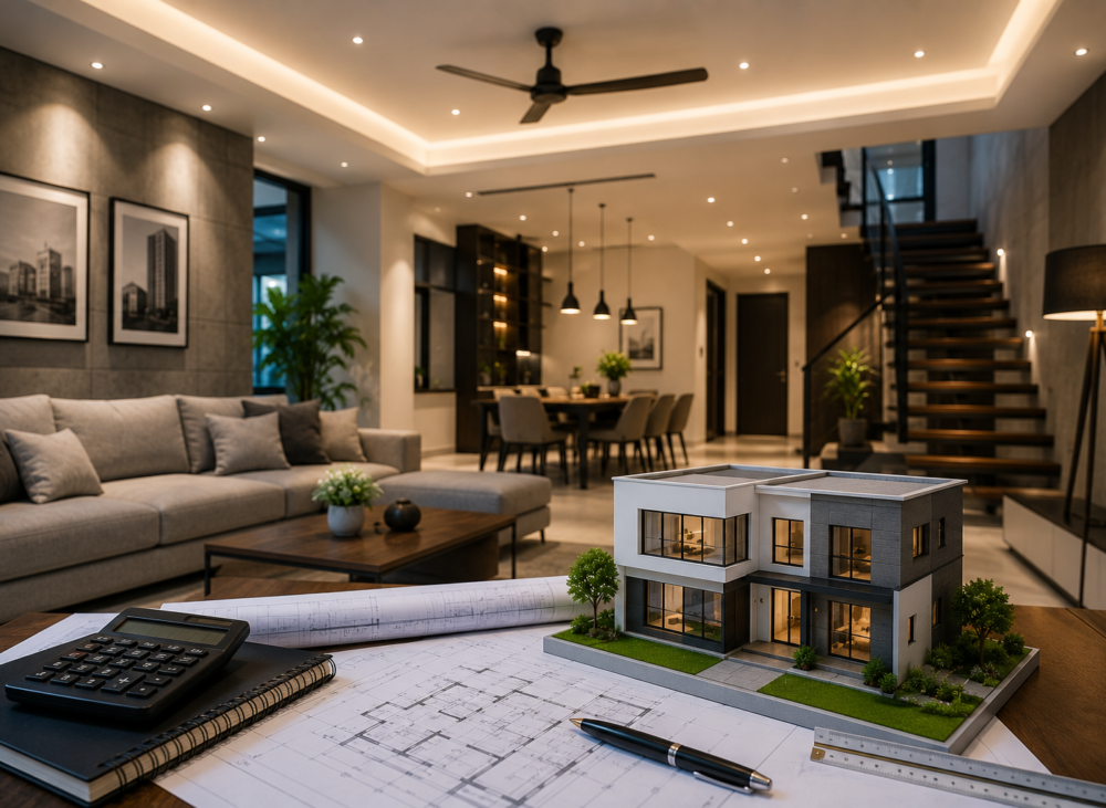 Modern living room with design workspace