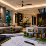 Modern living room with design workspace