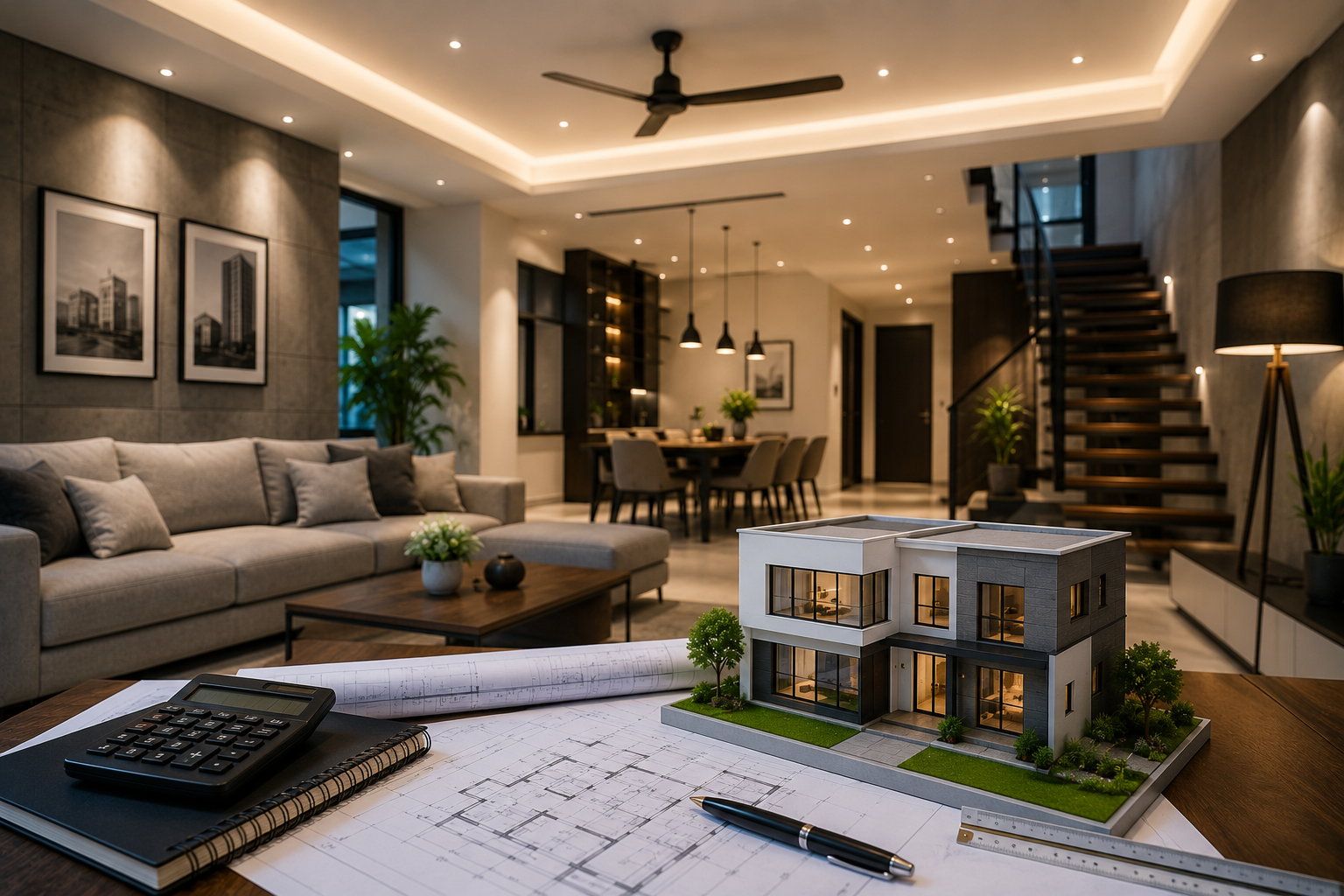 Modern living room with design workspace
