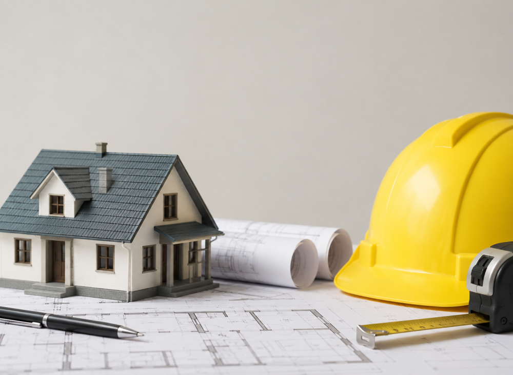 House model on architectural blueprints with a construction helmet and measuring tape representing residential home construction planning in Kerala.
