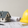 House model on architectural blueprints with a construction helmet and measuring tape representing residential home construction planning in Kerala.