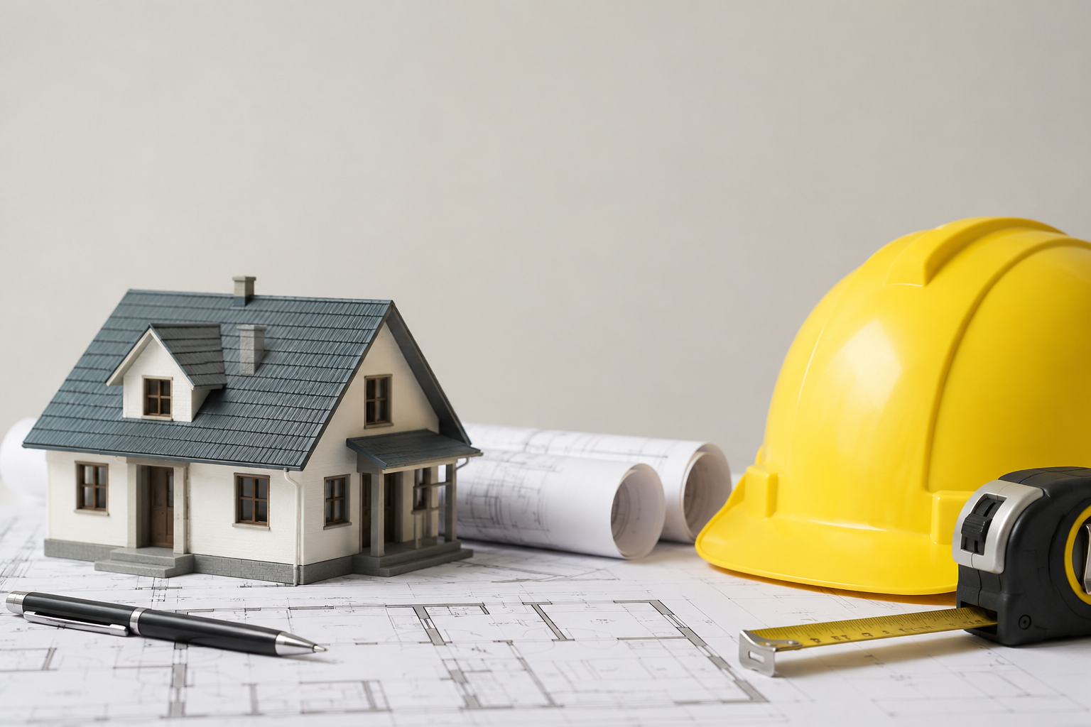 House model on architectural blueprints with a construction helmet and measuring tape representing residential home construction planning in Kerala.