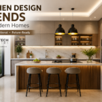 Kitchen design trends for modern homes featuring a stylish modular kitchen with an island, premium finishes, and contemporary lighting by Buildtech Builders.