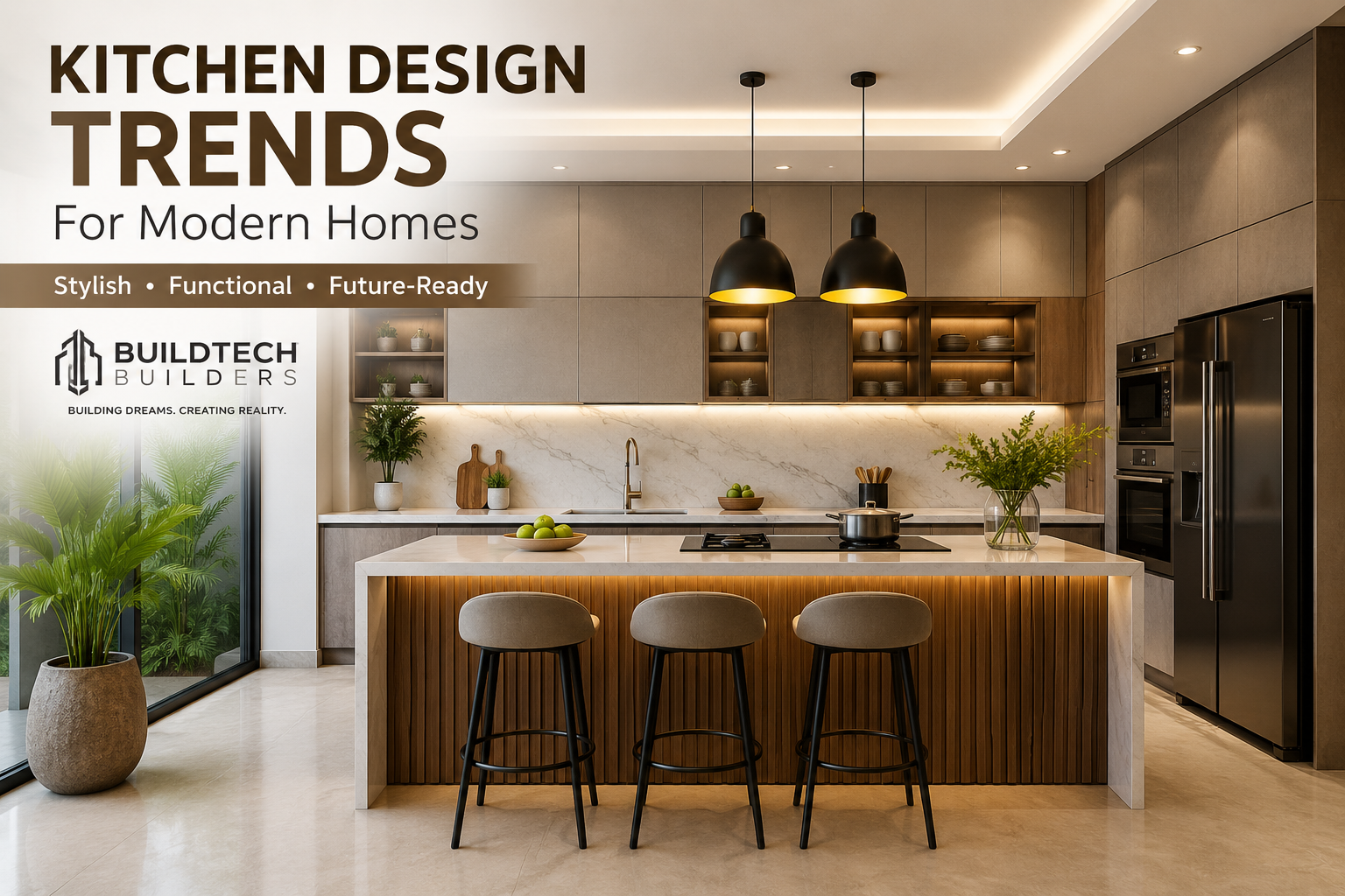 Kitchen design trends for modern homes featuring a stylish modular kitchen with an island, premium finishes, and contemporary lighting by Buildtech Builders.