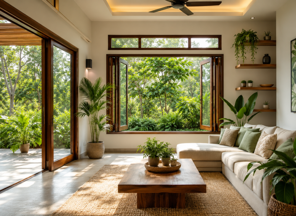Bright modern living room with large windows, natural ventilation, indoor plants, and abundant sunlight promoting healthy indoor air quality.