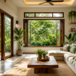 Bright modern living room with large windows, natural ventilation, indoor plants, and abundant sunlight promoting healthy indoor air quality.