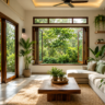 Bright modern living room with large windows, natural ventilation, indoor plants, and abundant sunlight promoting healthy indoor air quality.