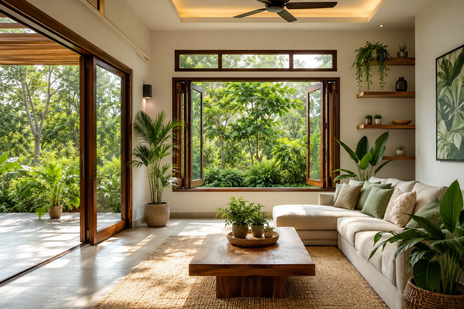 Bright modern living room with large windows, natural ventilation, indoor plants, and abundant sunlight promoting healthy indoor air quality.