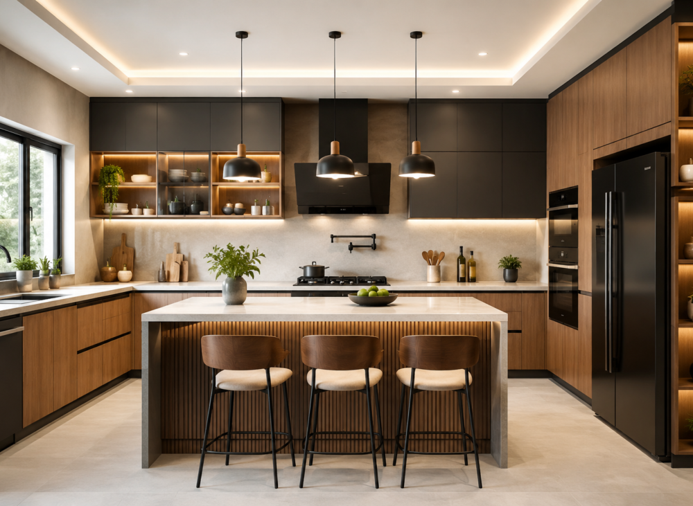 Modern home kitchen with premium cabinetry, integrated appliances, and a functional island design.
