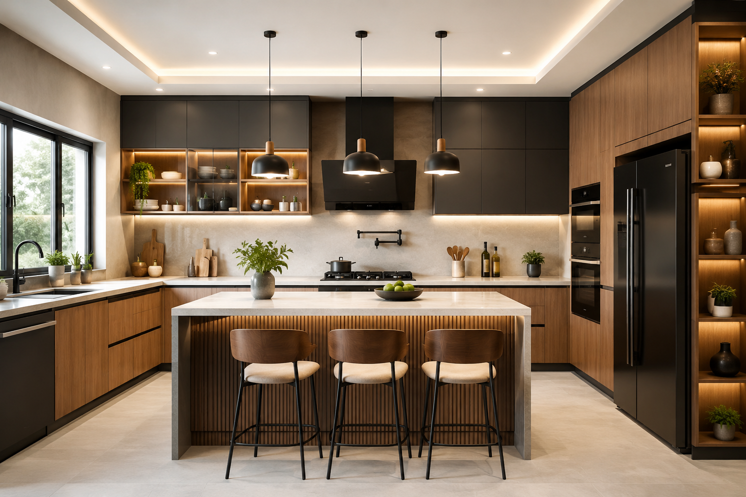 Modern home kitchen with premium cabinetry, integrated appliances, and a functional island design.