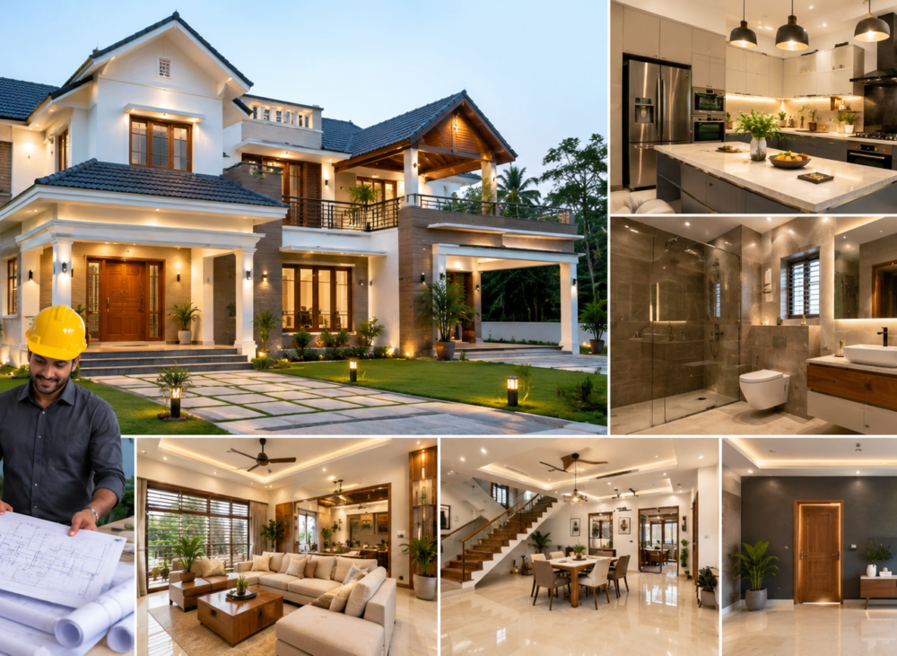 Modern home renovation showing a renovated kitchen, stylish living room, and attractive exterior to increase property value in Kerala.