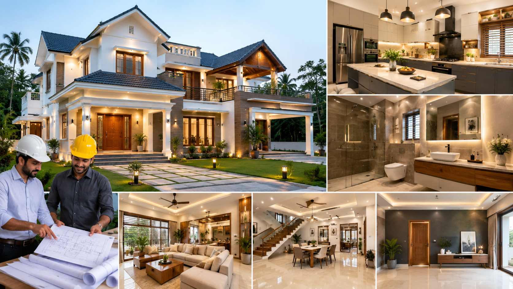 Modern home renovation showing a renovated kitchen, stylish living room, and attractive exterior to increase property value in Kerala.