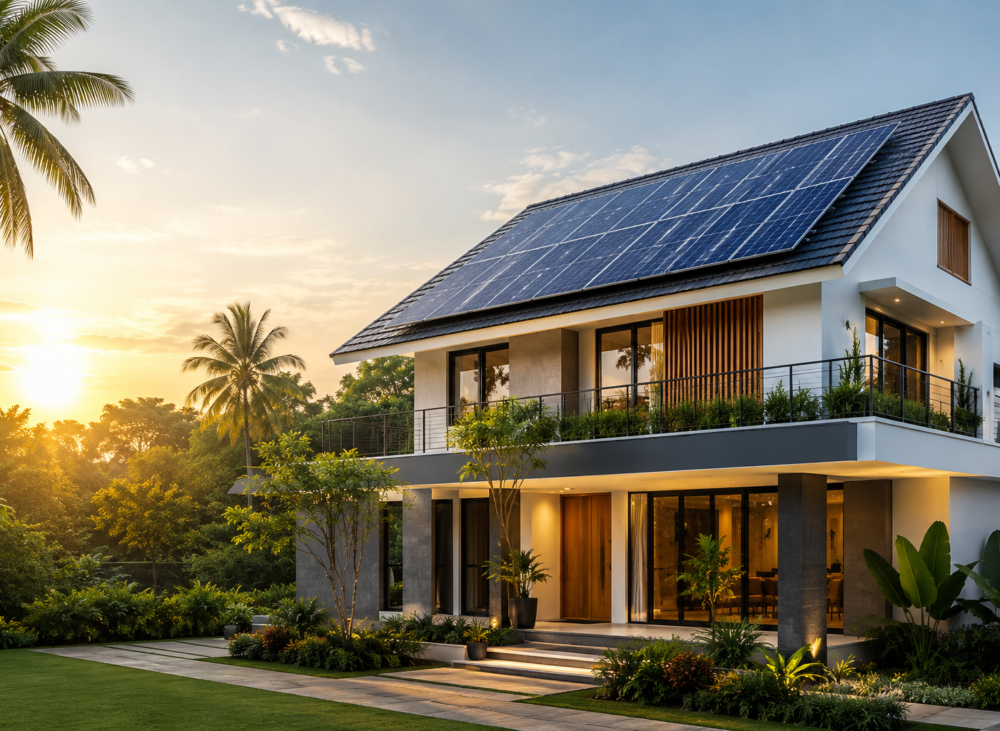 "Modern luxury home with rooftop solar panels surrounded by lush greenery, showcasing sustainable and energy-efficient residential construction in Kerala."