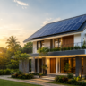 "Modern luxury home with rooftop solar panels surrounded by lush greenery, showcasing sustainable and energy-efficient residential construction in Kerala."