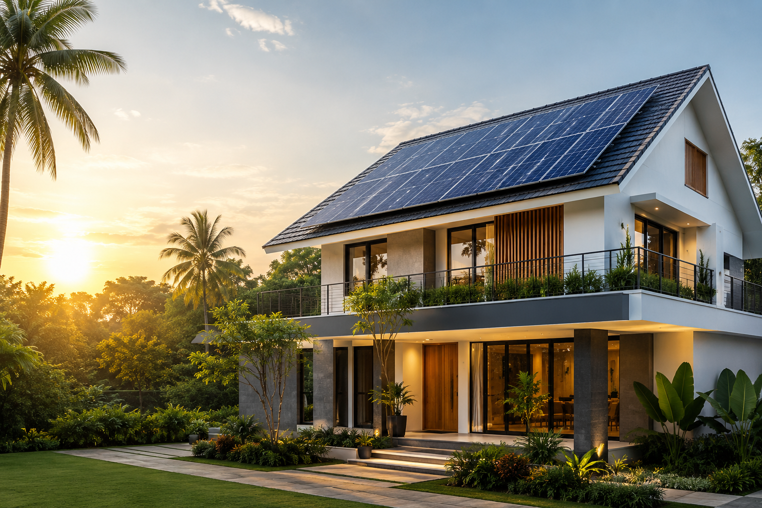 "Modern luxury home with rooftop solar panels surrounded by lush greenery, showcasing sustainable and energy-efficient residential construction in Kerala."