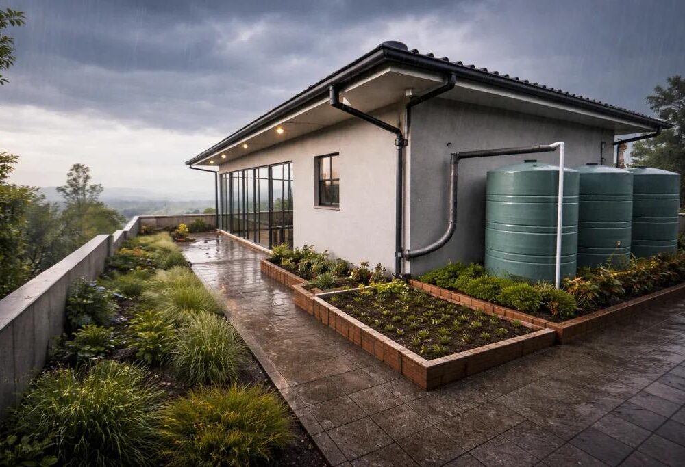 Modern water-saving home design with rainwater harvesting system in Kerala