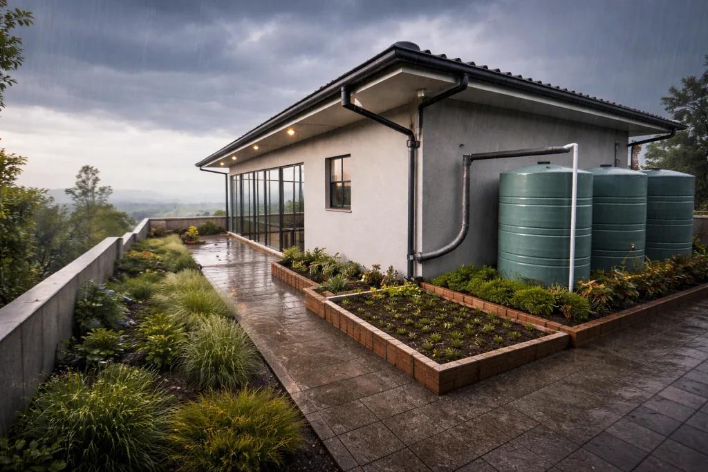 Modern water-saving home design with rainwater harvesting system in Kerala
