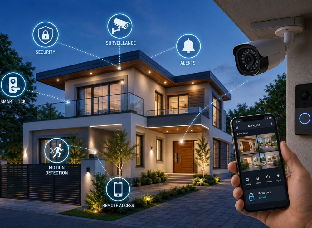 Modern home equipped with smart security cameras, video doorbell, and smartphone-controlled security system.