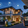 Modern home equipped with smart security cameras, video doorbell, and smartphone-controlled security system.