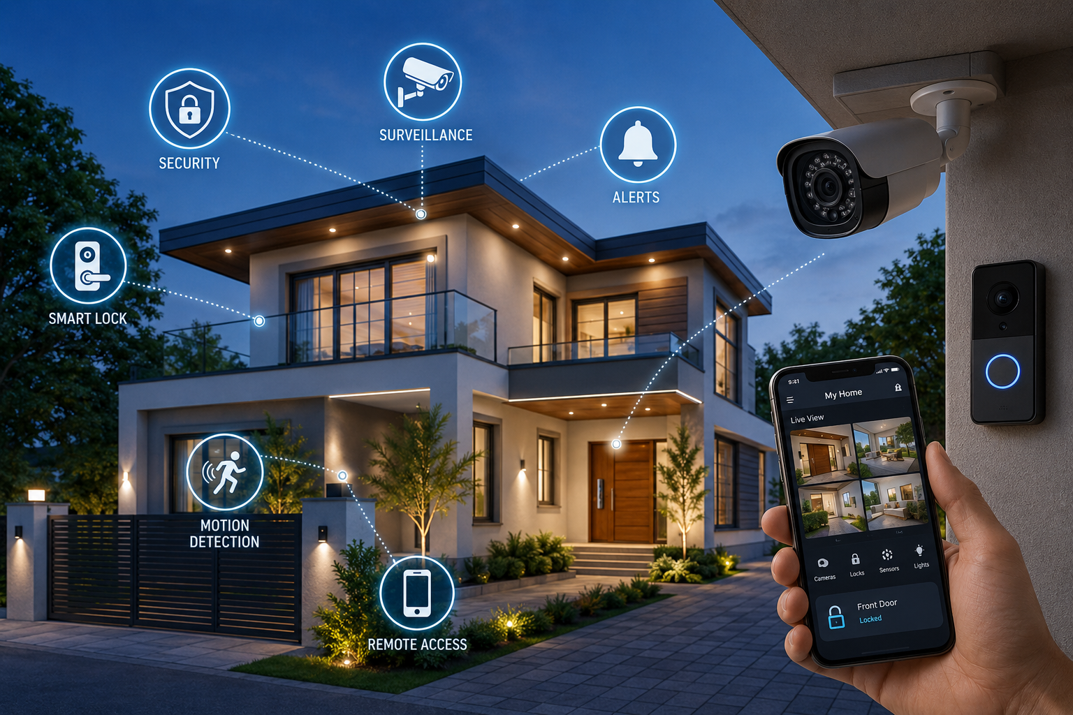 Modern home equipped with smart security cameras, video doorbell, and smartphone-controlled security system.