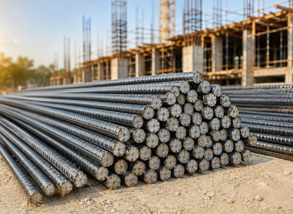 High-quality TMT steel bars stacked at a residential house construction site.