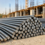 High-quality TMT steel bars stacked at a residential house construction site.