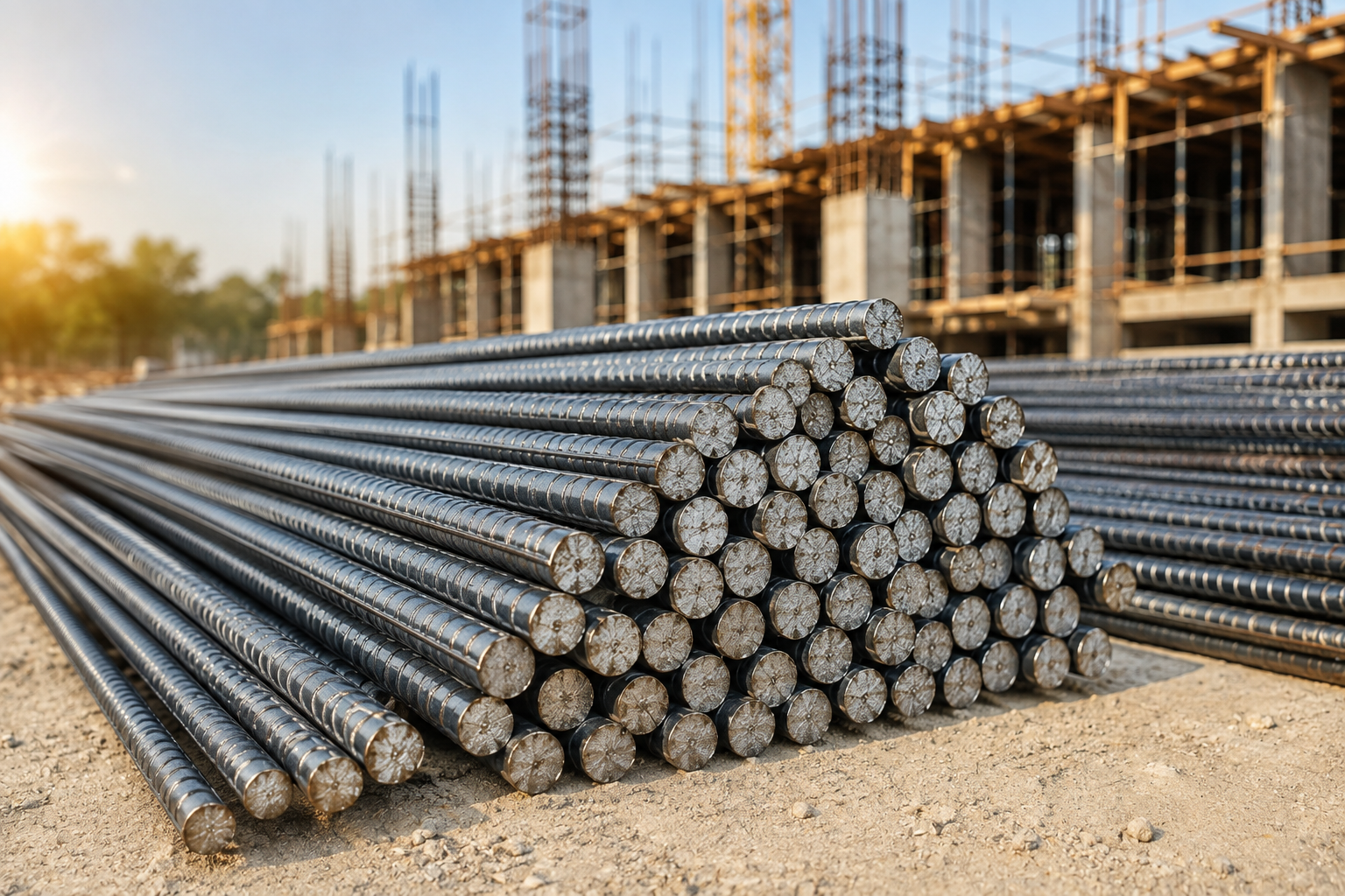 High-quality TMT steel bars stacked at a residential house construction site.